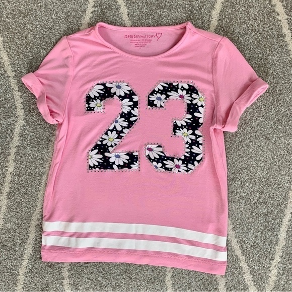 Design History Pink 23 Floral Football Themed Short Sleeve T-shirt Size 4 - Picture 1 of 4